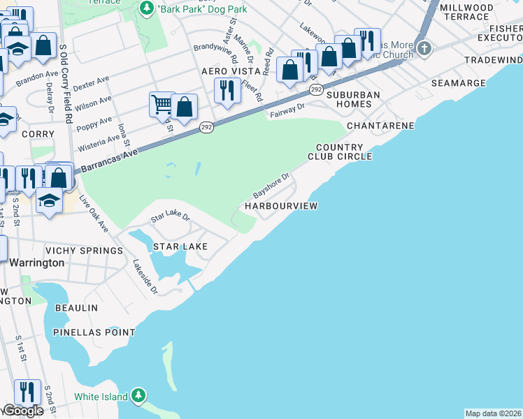 map of restaurants, bars, coffee shops, grocery stores, and more near 1013 Harbourview Circle in Pensacola