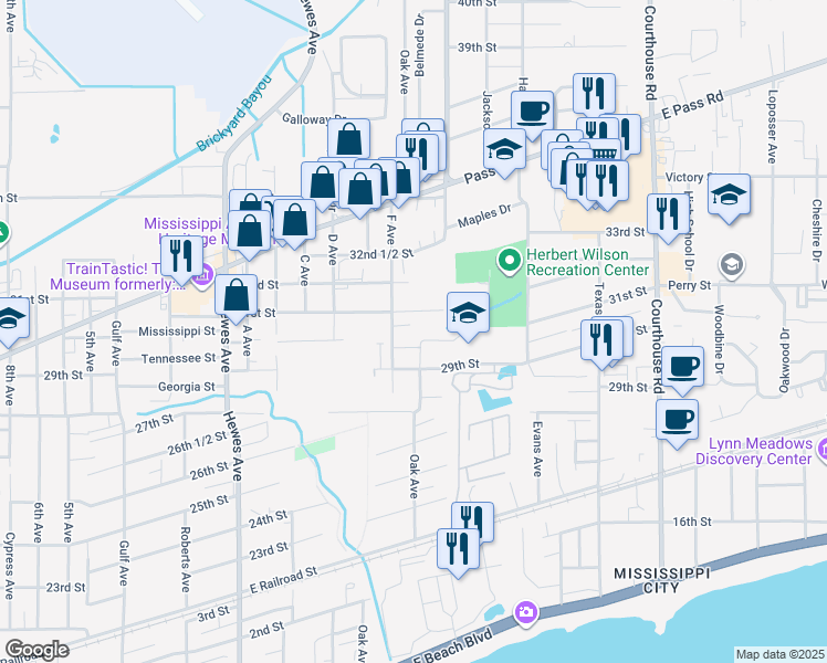 map of restaurants, bars, coffee shops, grocery stores, and more near 112 30th 1/2 Street in Gulfport