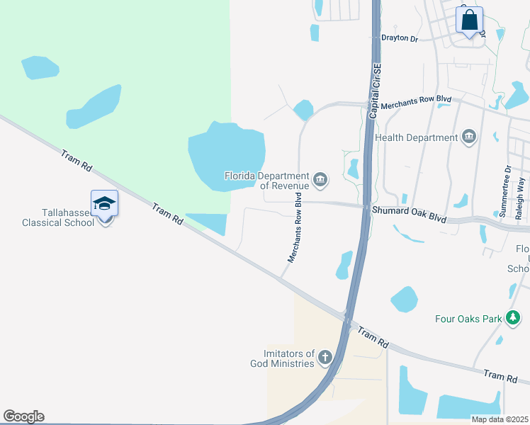 map of restaurants, bars, coffee shops, grocery stores, and more near 2450 Shumard Oak Boulevard in Tallahassee
