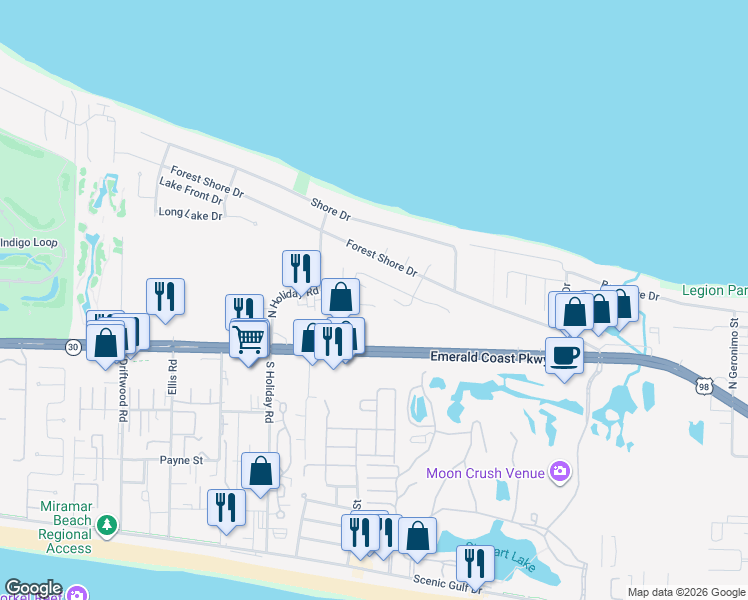 map of restaurants, bars, coffee shops, grocery stores, and more near 153 Mariner Way in Destin