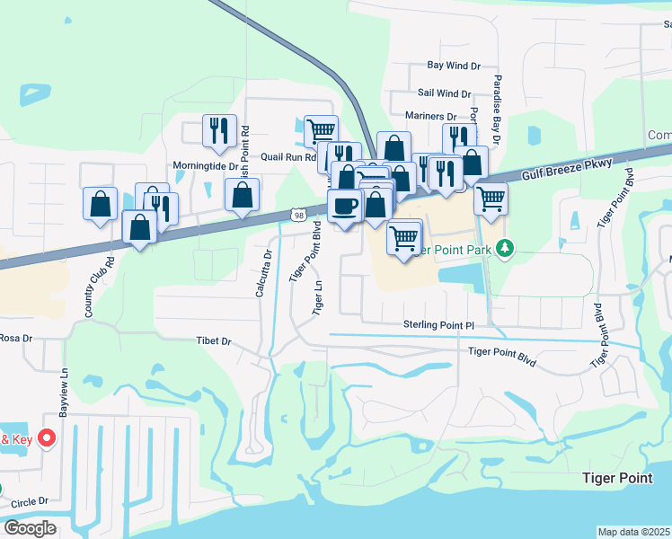 map of restaurants, bars, coffee shops, grocery stores, and more near 1367 Sterling Point Place in Gulf Breeze