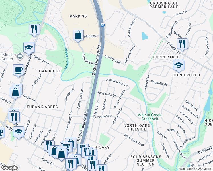 map of restaurants, bars, coffee shops, grocery stores, and more near 12008 Oak Trail in Austin