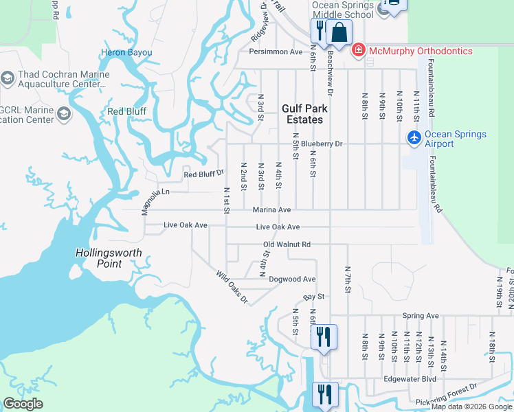 map of restaurants, bars, coffee shops, grocery stores, and more near 9304 Marina Avenue in Ocean Springs