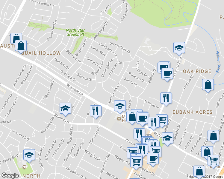 map of restaurants, bars, coffee shops, grocery stores, and more near 1109 Space Lane in Austin