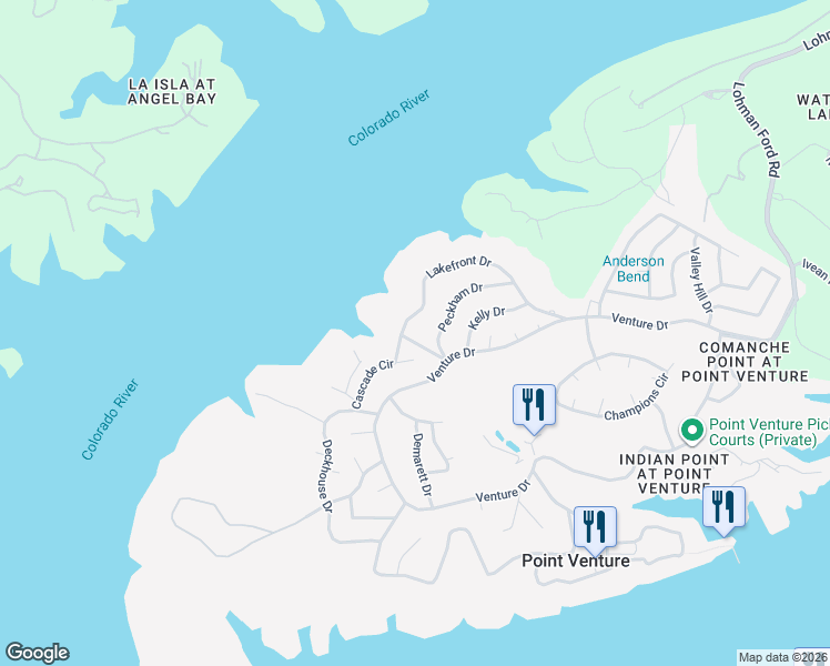 map of restaurants, bars, coffee shops, grocery stores, and more near 19004 Mariners Point in Lago Vista