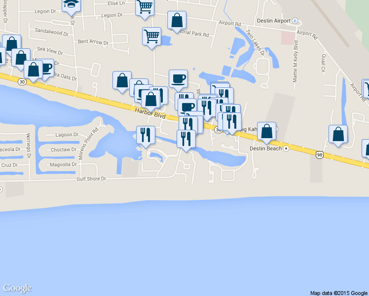 map of restaurants, bars, coffee shops, grocery stores, and more near 970 Gulf Shore Drive in Destin