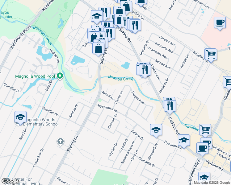 map of restaurants, bars, coffee shops, grocery stores, and more near 1637 Mary Evers Drive in Baton Rouge