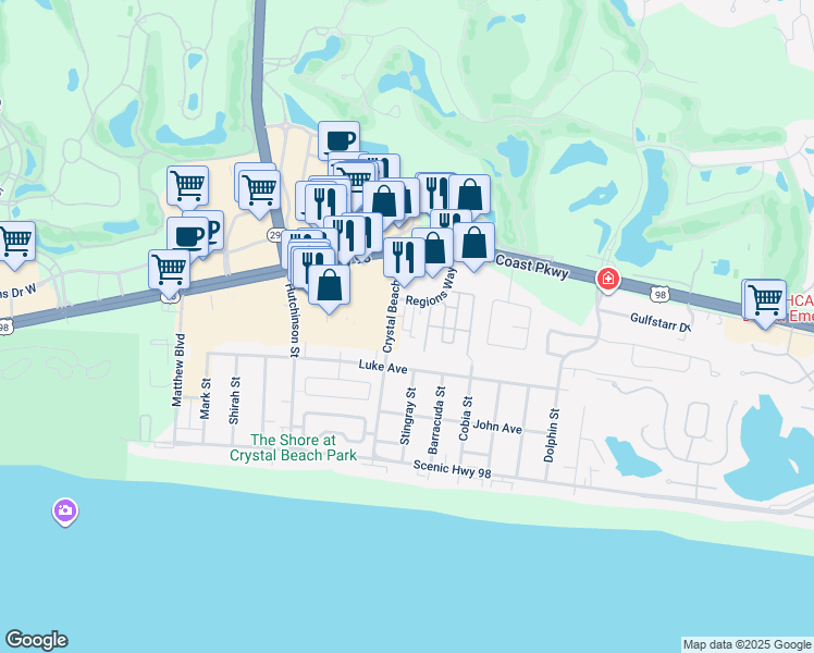 map of restaurants, bars, coffee shops, grocery stores, and more near 125 Crystal Beach Drive in Destin