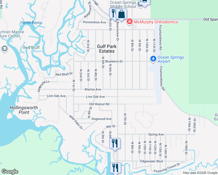 map of restaurants, bars, coffee shops, grocery stores, and more near 9100 Marina Avenue in Ocean Springs