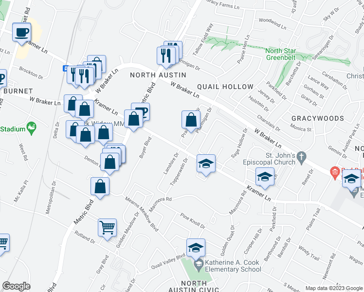 map of restaurants, bars, coffee shops, grocery stores, and more near 11002 Prairie Dove Circle in Austin