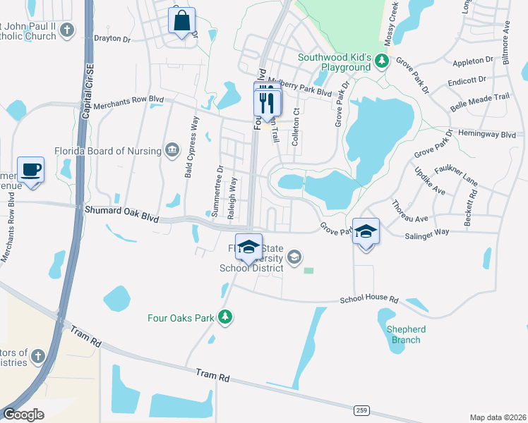 map of restaurants, bars, coffee shops, grocery stores, and more near 4287 Four Oaks Boulevard in Tallahassee