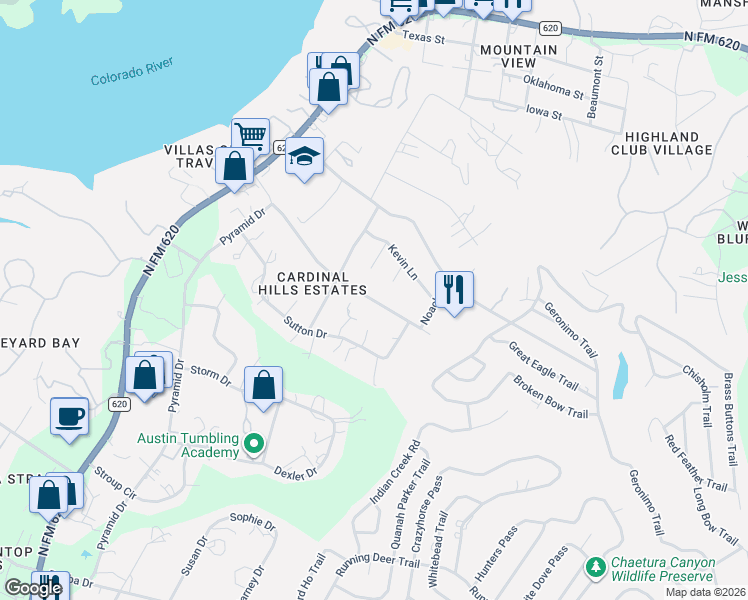 map of restaurants, bars, coffee shops, grocery stores, and more near 15112 Lariat Trail in Austin