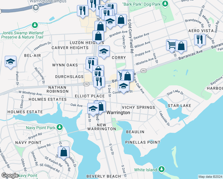 map of restaurants, bars, coffee shops, grocery stores, and more near 12 South 2nd Street in Pensacola