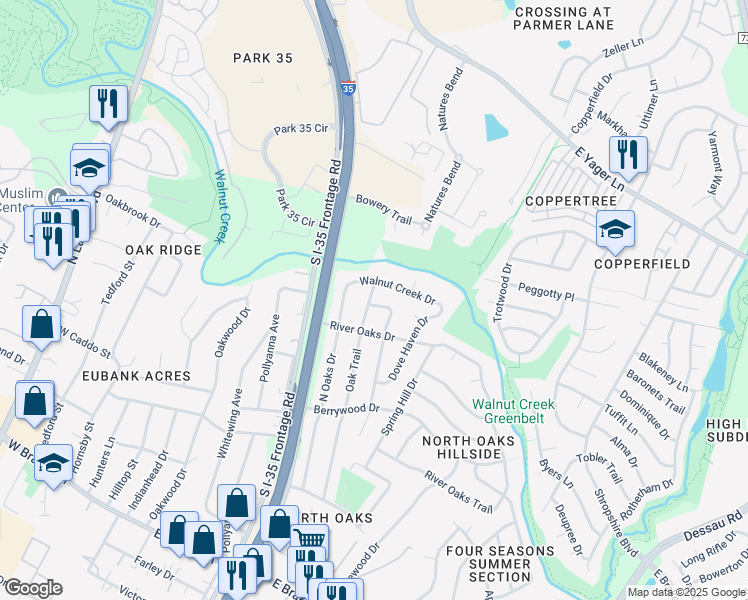 map of restaurants, bars, coffee shops, grocery stores, and more near 12008 Oak Trail in Austin