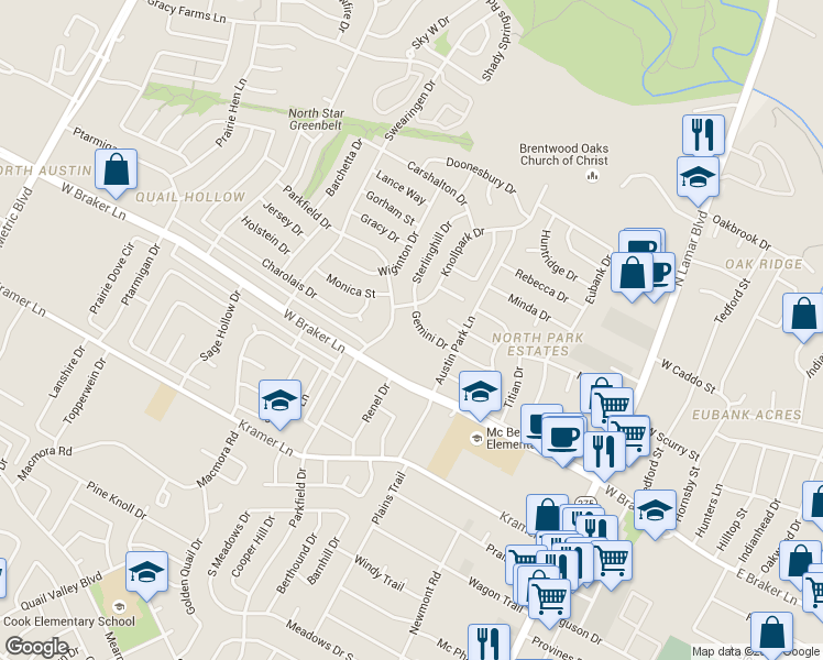 map of restaurants, bars, coffee shops, grocery stores, and more near 1209 Gemini Drive in Austin