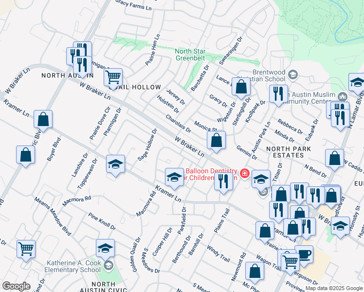 map of restaurants, bars, coffee shops, grocery stores, and more near 1423 West Braker Lane in Austin