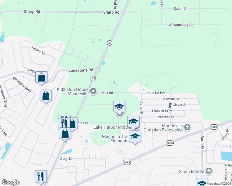 map of restaurants, bars, coffee shops, grocery stores, and more near 1761-1799 Lotus Road in Mandeville