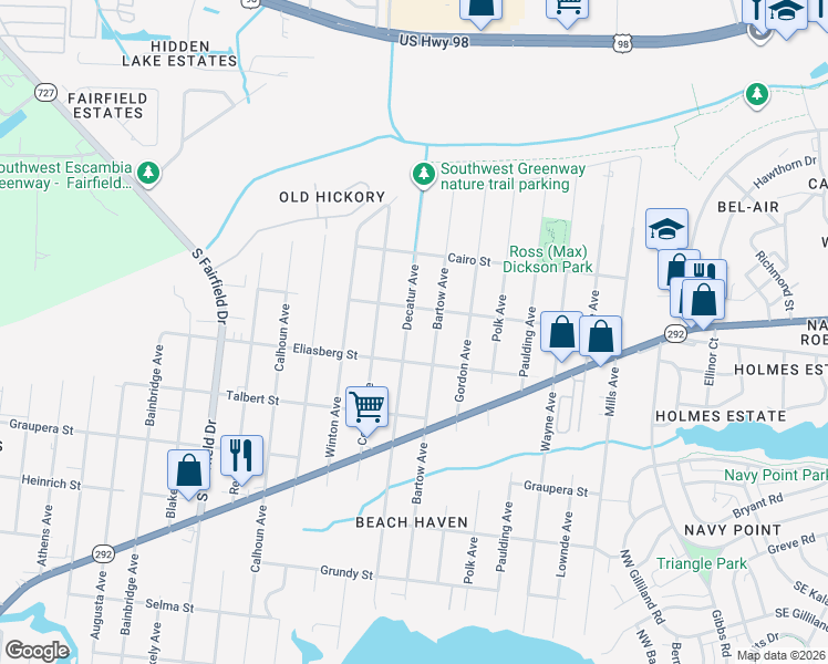 map of restaurants, bars, coffee shops, grocery stores, and more near 908 Decatur Avenue in Pensacola
