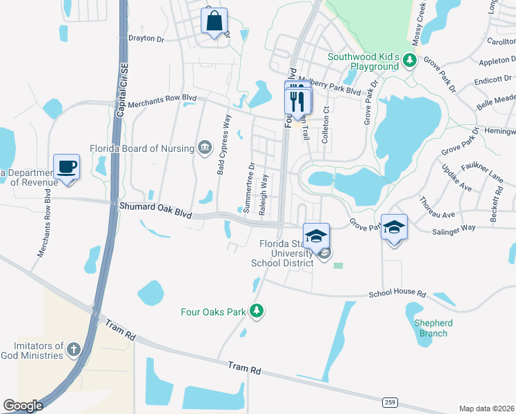 map of restaurants, bars, coffee shops, grocery stores, and more near 4282 Raleigh Way in Tallahassee