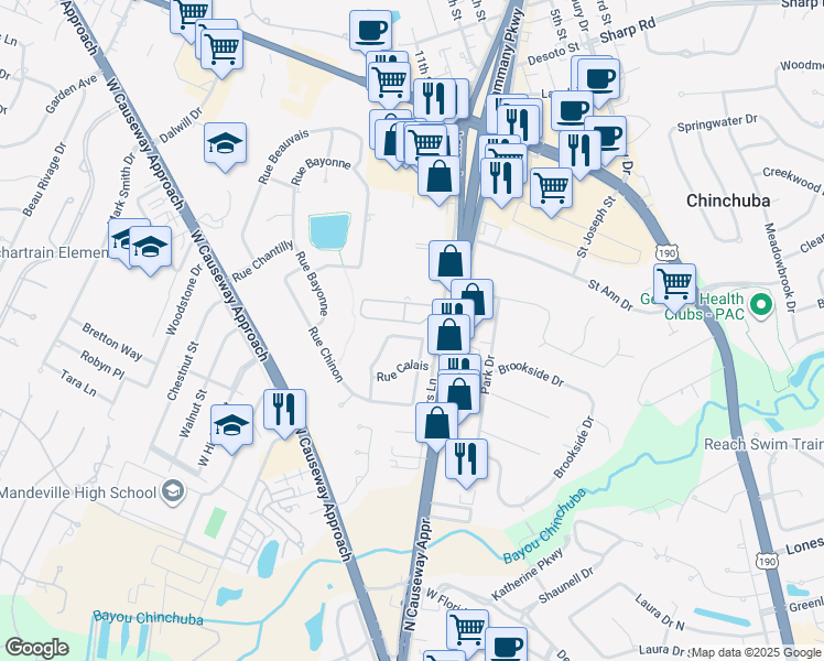 map of restaurants, bars, coffee shops, grocery stores, and more near 712 Rue Marseille in Mandeville