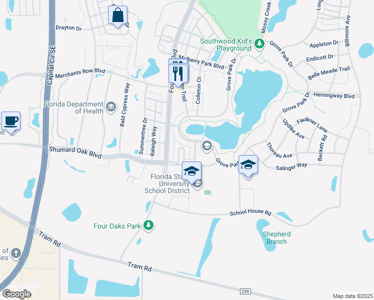 map of restaurants, bars, coffee shops, grocery stores, and more near 4242 Avon Park Circle in Tallahassee