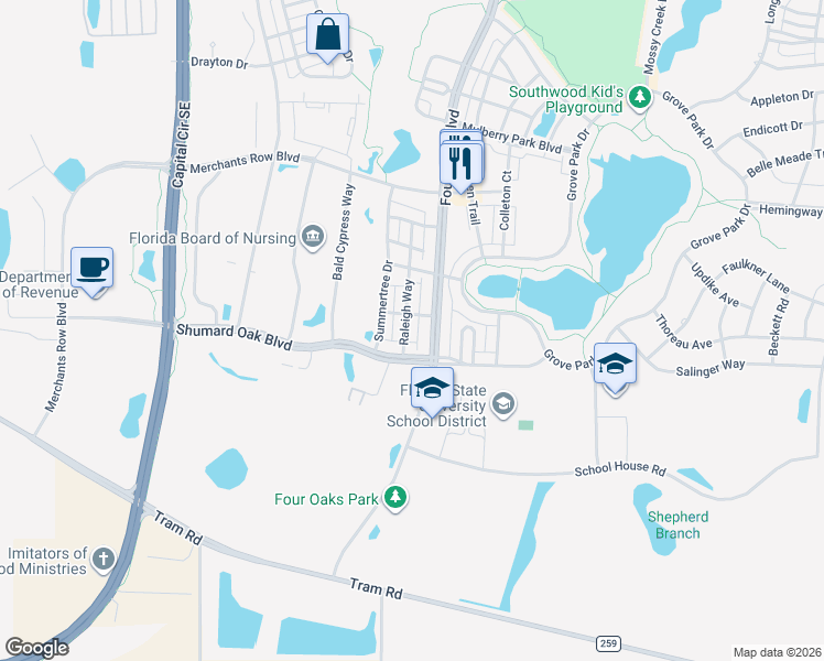 map of restaurants, bars, coffee shops, grocery stores, and more near 4282 Raleigh Way in Tallahassee