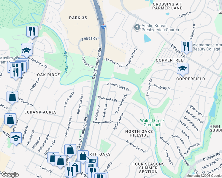 map of restaurants, bars, coffee shops, grocery stores, and more near 12008 Oak Trail in Austin