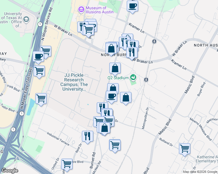 map of restaurants, bars, coffee shops, grocery stores, and more near in Austin