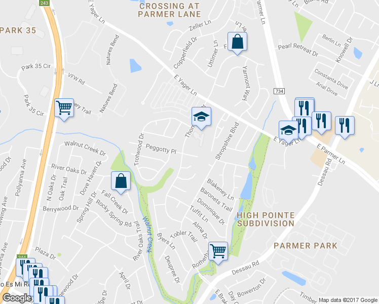 map of restaurants, bars, coffee shops, grocery stores, and more near 1106 Peggotty Place in Austin
