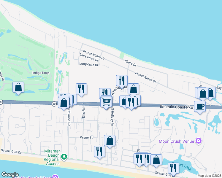 map of restaurants, bars, coffee shops, grocery stores, and more near 123 North Holiday Road in Miramar Beach