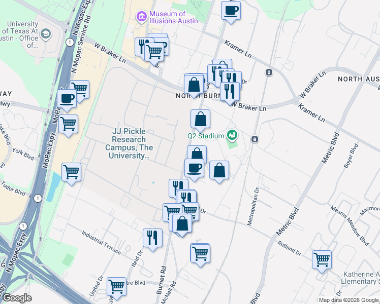 map of restaurants, bars, coffee shops, grocery stores, and more near 10303 1/2 Burnet Road in Austin