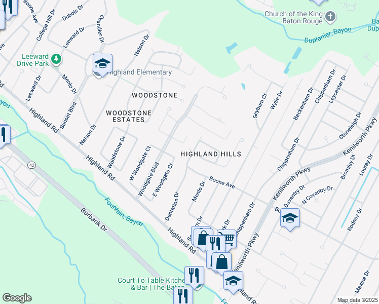 map of restaurants, bars, coffee shops, grocery stores, and more near 6898 Whitlow Drive in Baton Rouge