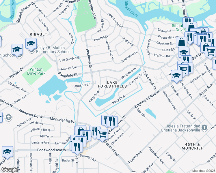 map of restaurants, bars, coffee shops, grocery stores, and more near 6403 Howe Drive in Jacksonville