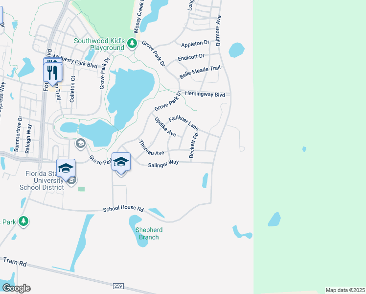map of restaurants, bars, coffee shops, grocery stores, and more near 4119 Kipling Court in Tallahassee