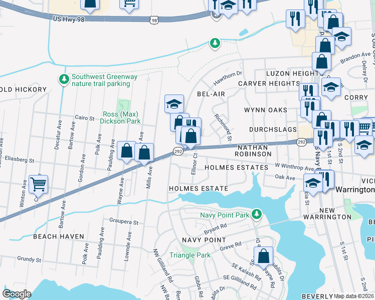 map of restaurants, bars, coffee shops, grocery stores, and more near Florida 292 in Pensacola