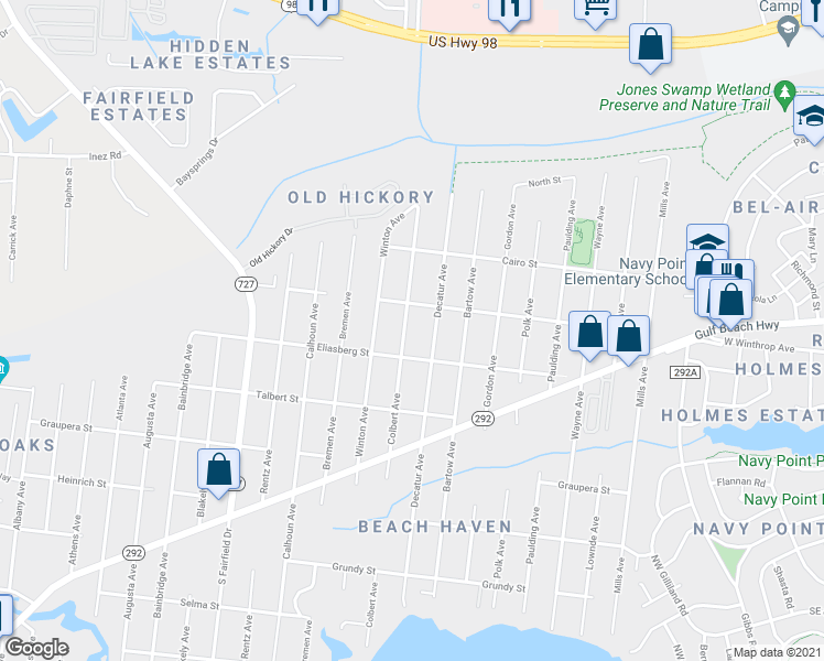 map of restaurants, bars, coffee shops, grocery stores, and more near 906 Colbert Avenue in Pensacola