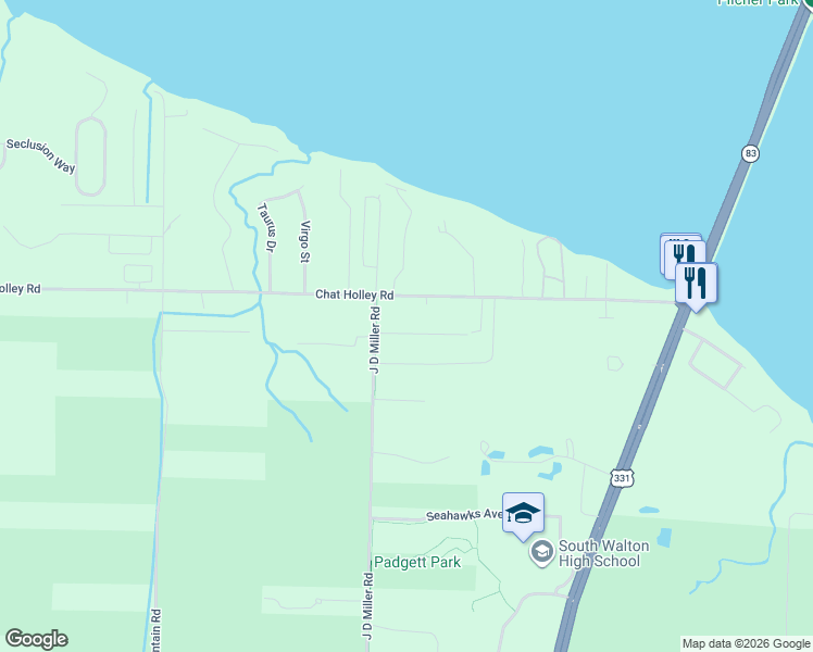 map of restaurants, bars, coffee shops, grocery stores, and more near 1326 J D Miller Road in Santa Rosa Beach