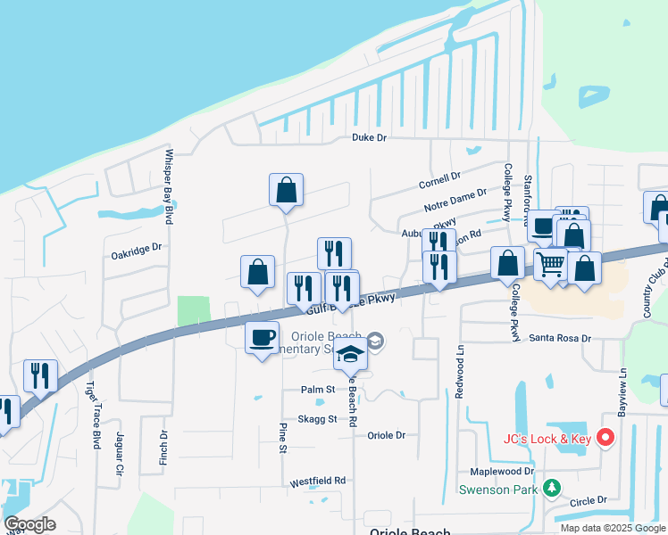 map of restaurants, bars, coffee shops, grocery stores, and more near 3053 Rosa Del Villa Drive in Gulf Breeze