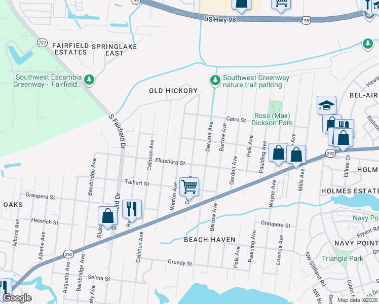 map of restaurants, bars, coffee shops, grocery stores, and more near 906 Colbert Avenue in Pensacola