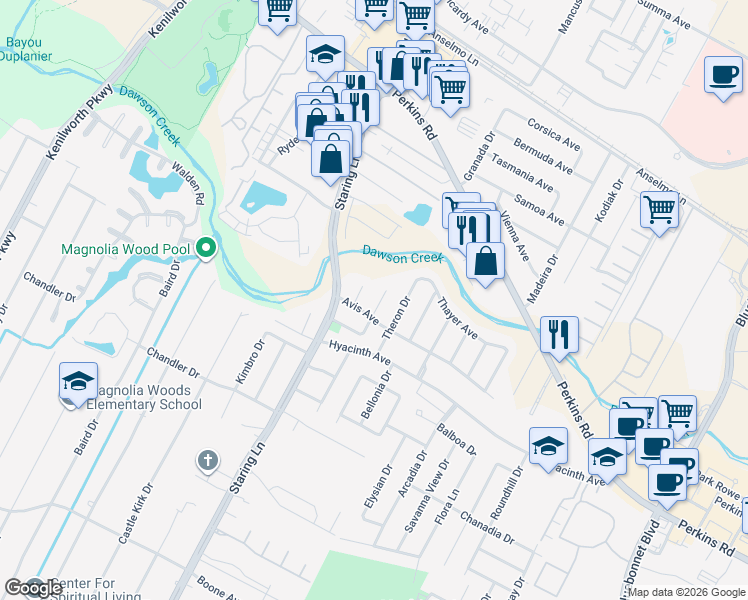 map of restaurants, bars, coffee shops, grocery stores, and more near 1637 Mary Evers Drive in Baton Rouge