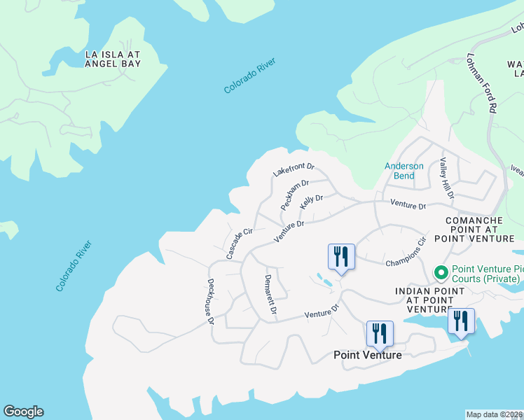 map of restaurants, bars, coffee shops, grocery stores, and more near 19008 Mariners Point in Lago Vista