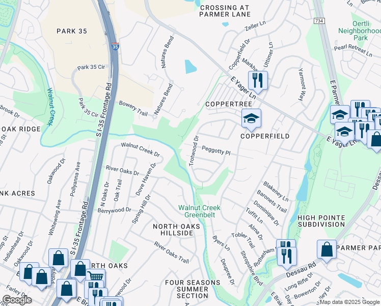 map of restaurants, bars, coffee shops, grocery stores, and more near 906 Bodgers Drive in Austin