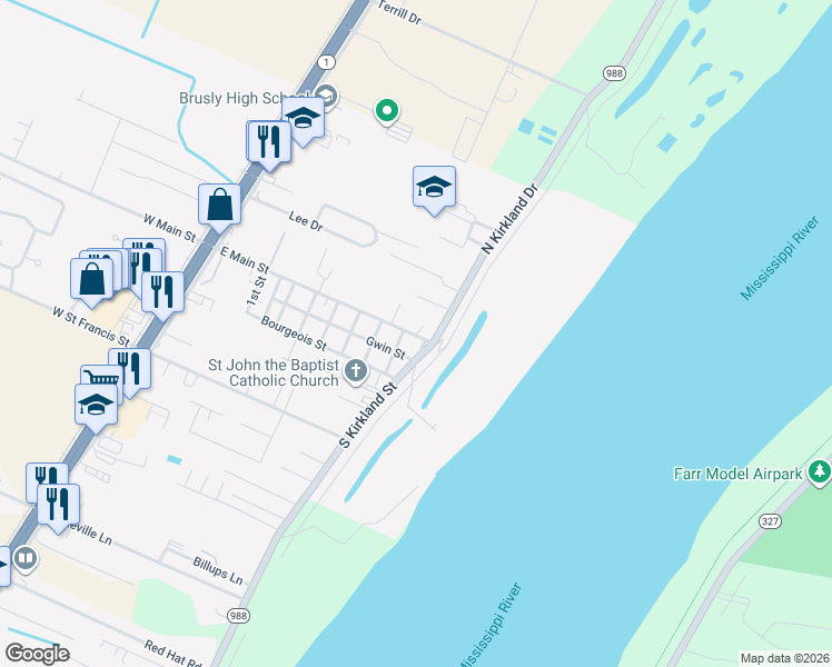map of restaurants, bars, coffee shops, grocery stores, and more near 939 East Main Street in Brusly