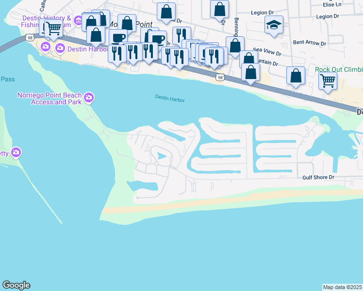 map of restaurants, bars, coffee shops, grocery stores, and more near 130 Durango Road in Destin