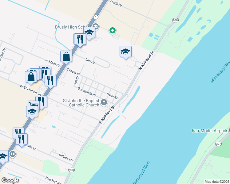 map of restaurants, bars, coffee shops, grocery stores, and more near 939 East Main Street in Brusly