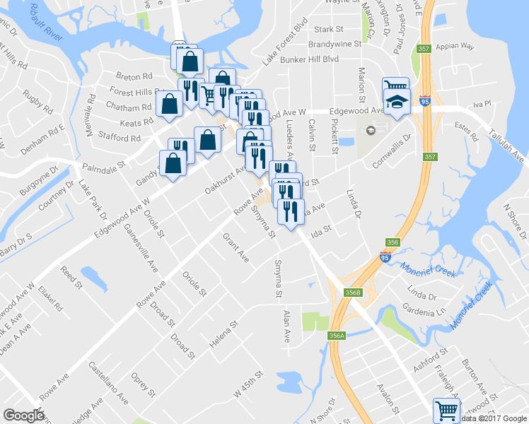 map of restaurants, bars, coffee shops, grocery stores, and more near 7441 Smyrna Street in Jacksonville