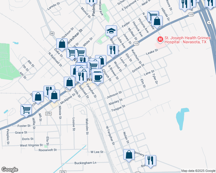 map of restaurants, bars, coffee shops, grocery stores, and more near 317 Nolan Street in Navasota