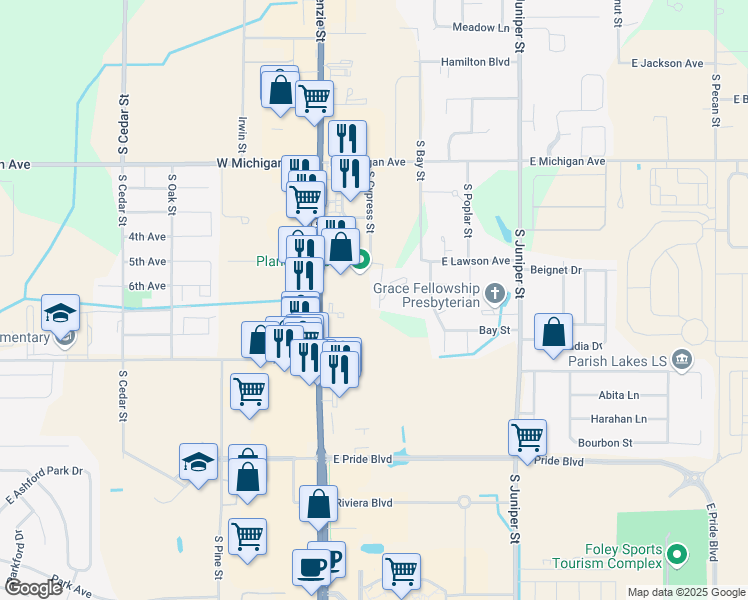 map of restaurants, bars, coffee shops, grocery stores, and more near 1919 Alabama 59 in Foley