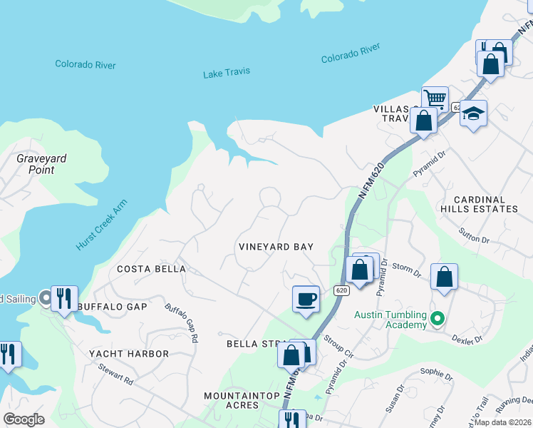 map of restaurants, bars, coffee shops, grocery stores, and more near 16001 Fontaine Avenue in Austin