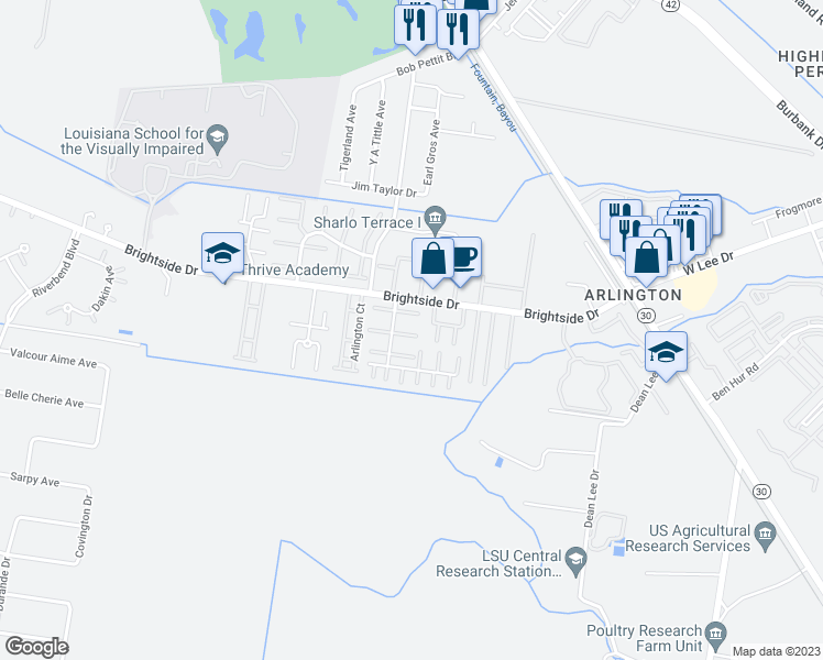 map of restaurants, bars, coffee shops, grocery stores, and more near 5137 Brightside View Drive in Baton Rouge